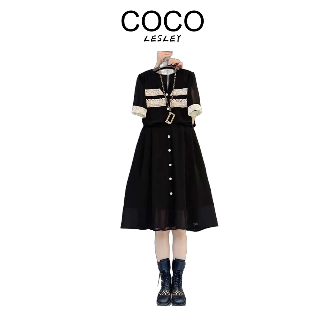 【COCO LESLEY】大码mm蕾丝拼接雪纺遮肚显瘦气质2025夏季新连衣裙