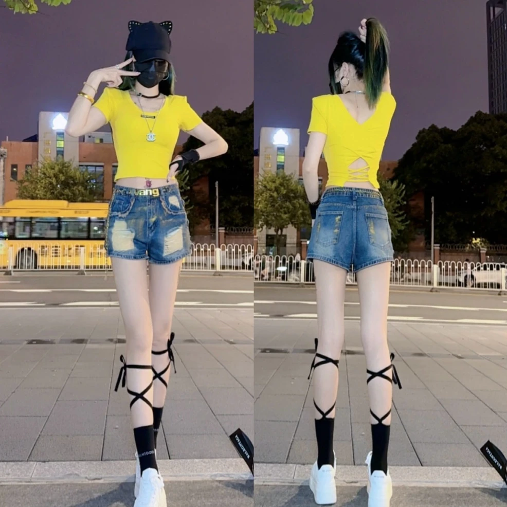 显瘦百搭修身黑色辣妹风露背小众薄款设计感紧身ins辣妹短袖T恤