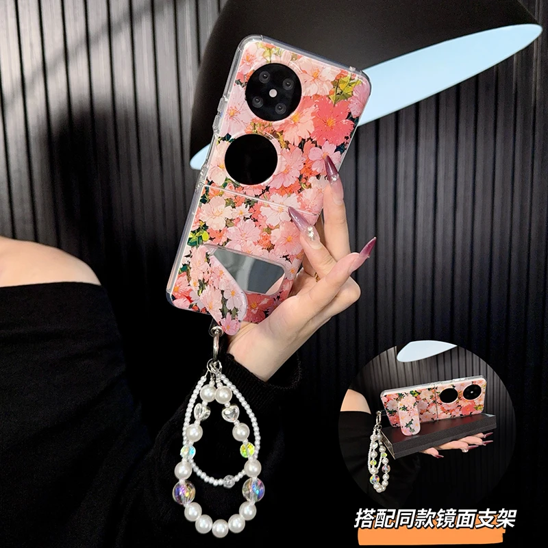 适用华为pocket2手机壳新款p50pocket套pockets花朵支架挂绳女款