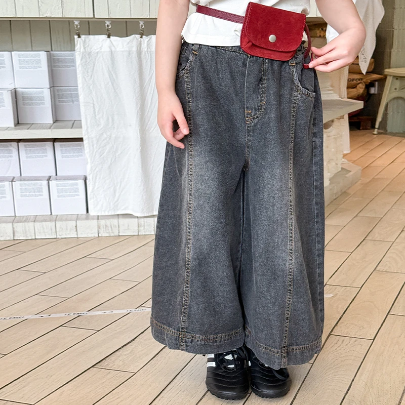 7家女童裤子夏季薄款儿童复古直筒阔腿牛仔裤宝宝做旧风休闲韩版