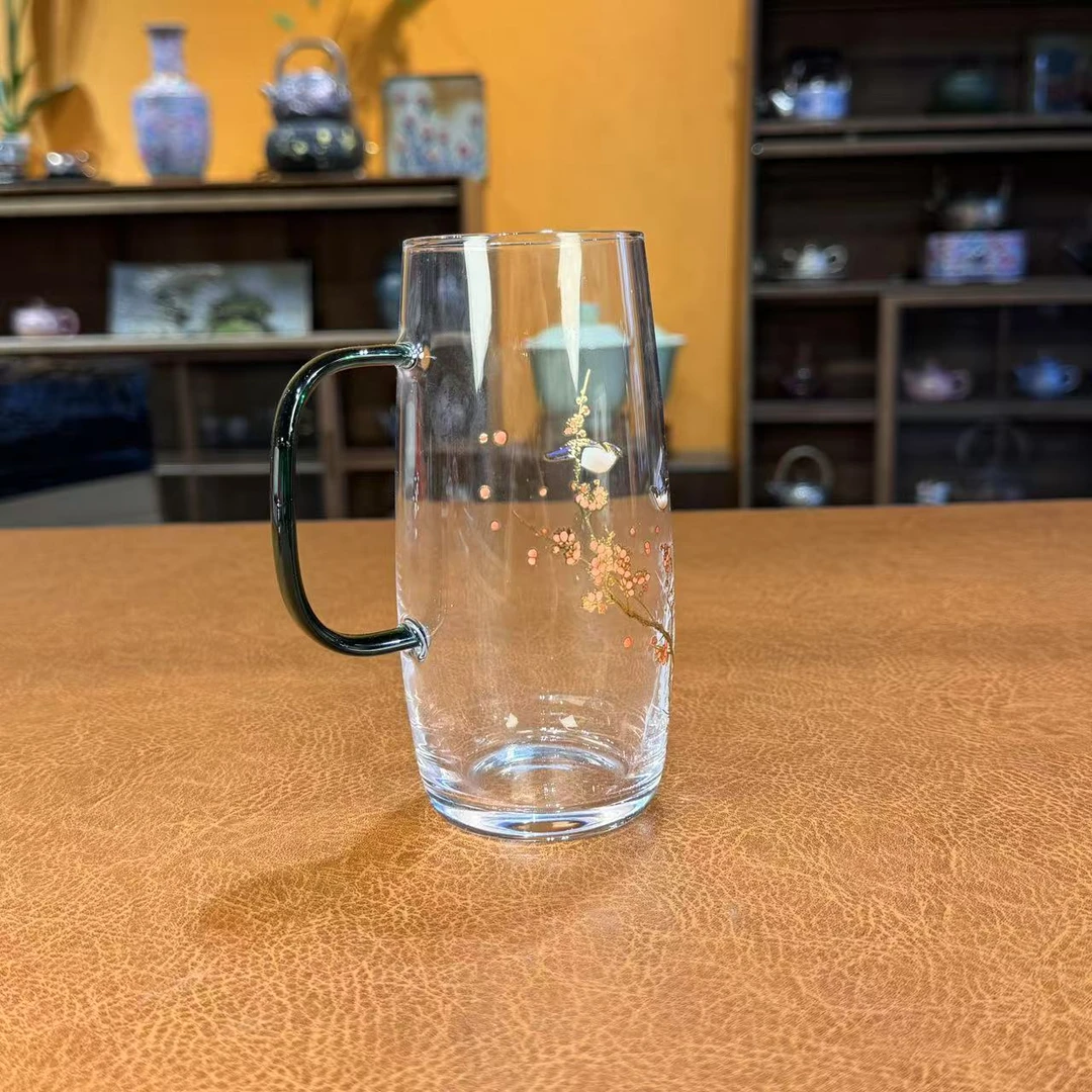 沐雨茶具 玻璃喜鹊报春-高芝-绿茶杯-墨绿把-6117（直播专享）