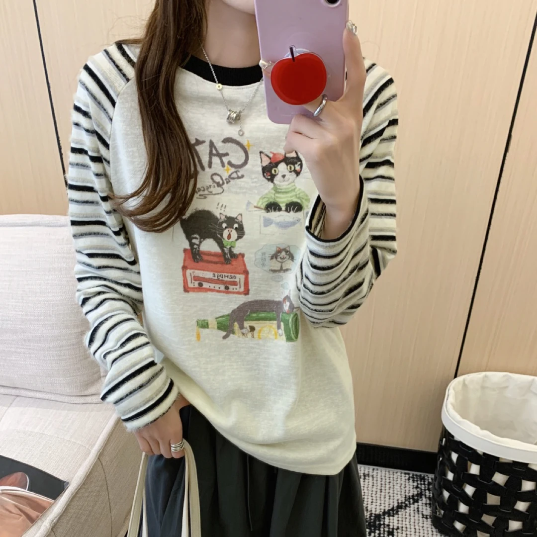 韩国东大门新款啤酒小猫插肩袖条纹拼接圆领T恤打底衫