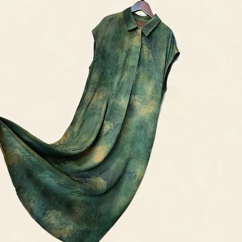 【绿昙花】高端正品气质减龄宽松显瘦花萝翻领长款无袖连衣裙