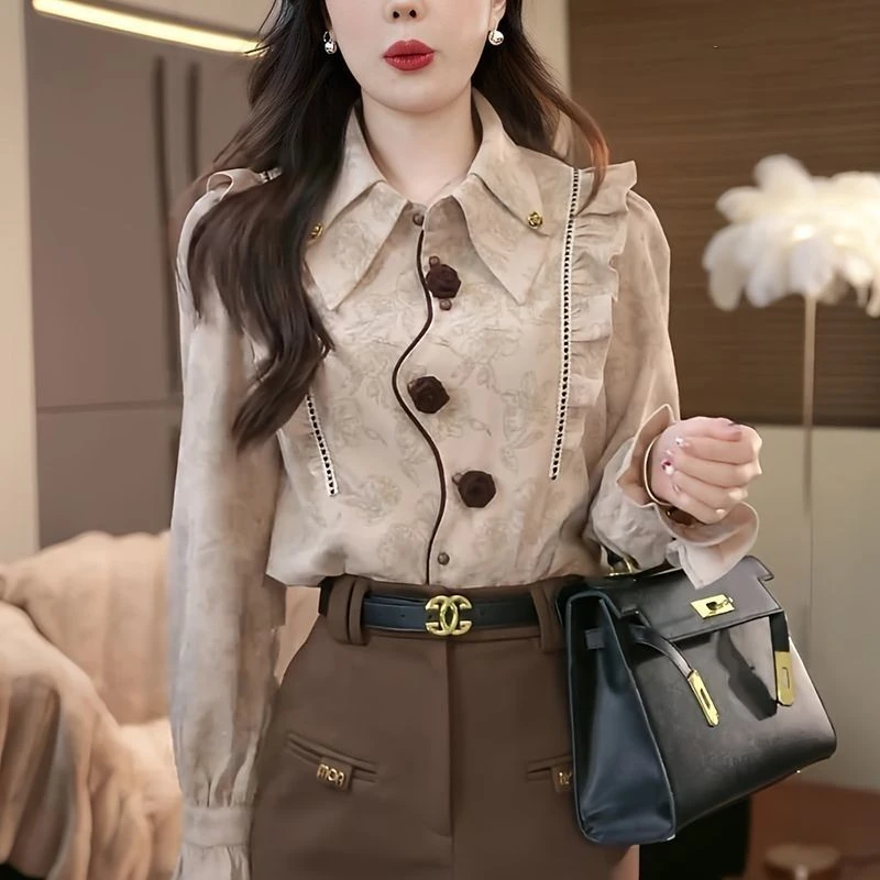 复古港风气质立体花长袖衬衫2025秋季新款时尚花边宽松百搭上衣潮