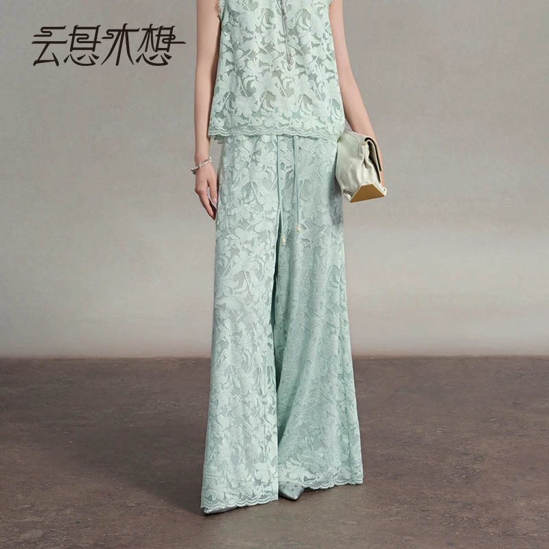 Ysimo-X云思木想 青青子衿 植物染直筒松紧腰抽绳蕾丝休闲裤14970
