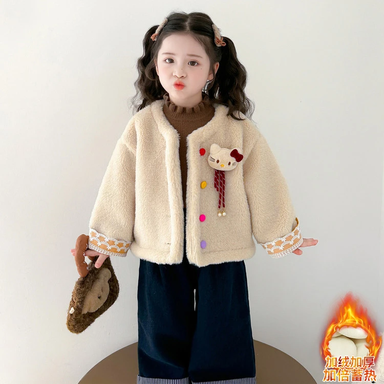 小香风女童加绒外套秋冬新款女孩宝宝加厚上衣儿童洋气炸街毛毛衣