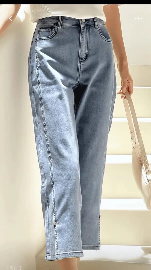 菲～牛仔裤2025夏季新款简约直筒开叉时尚薄款宽松九分裤子