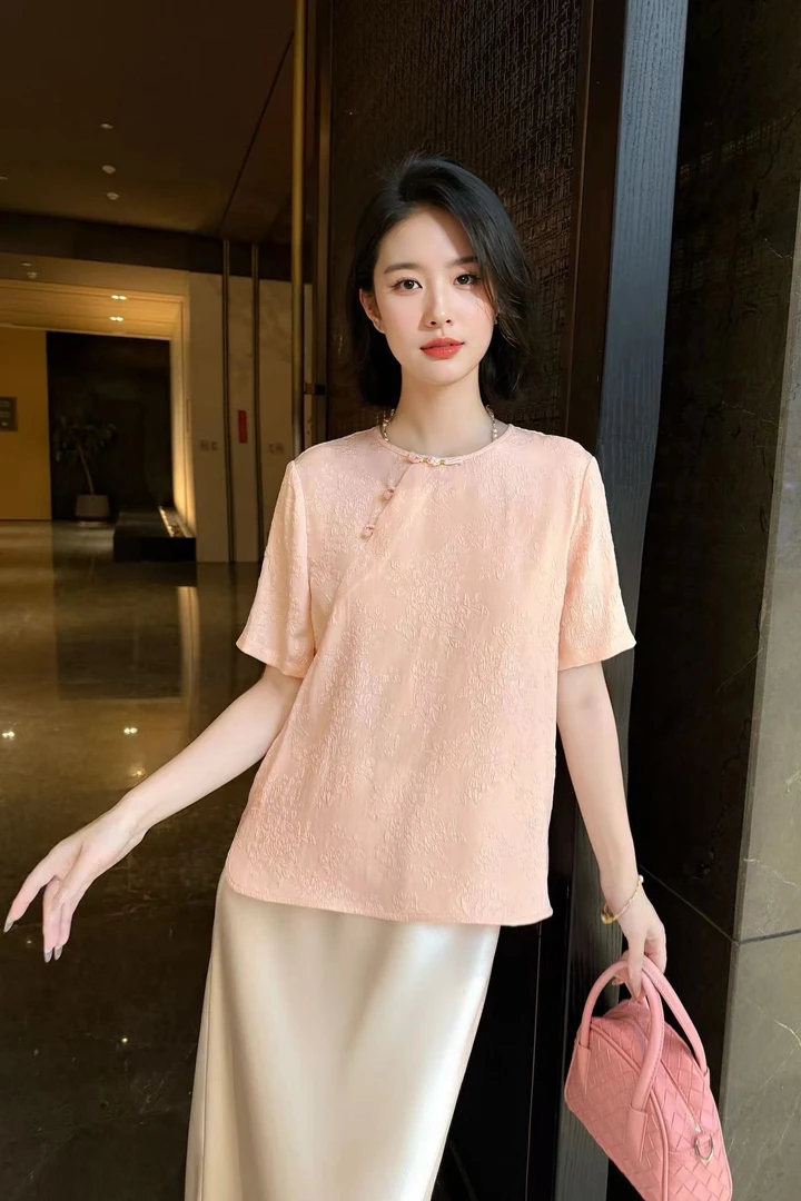 桑蚕丝官乐皱百搭小衫套头衫盘扣新中式真丝短袖上衣夏女士斜襟