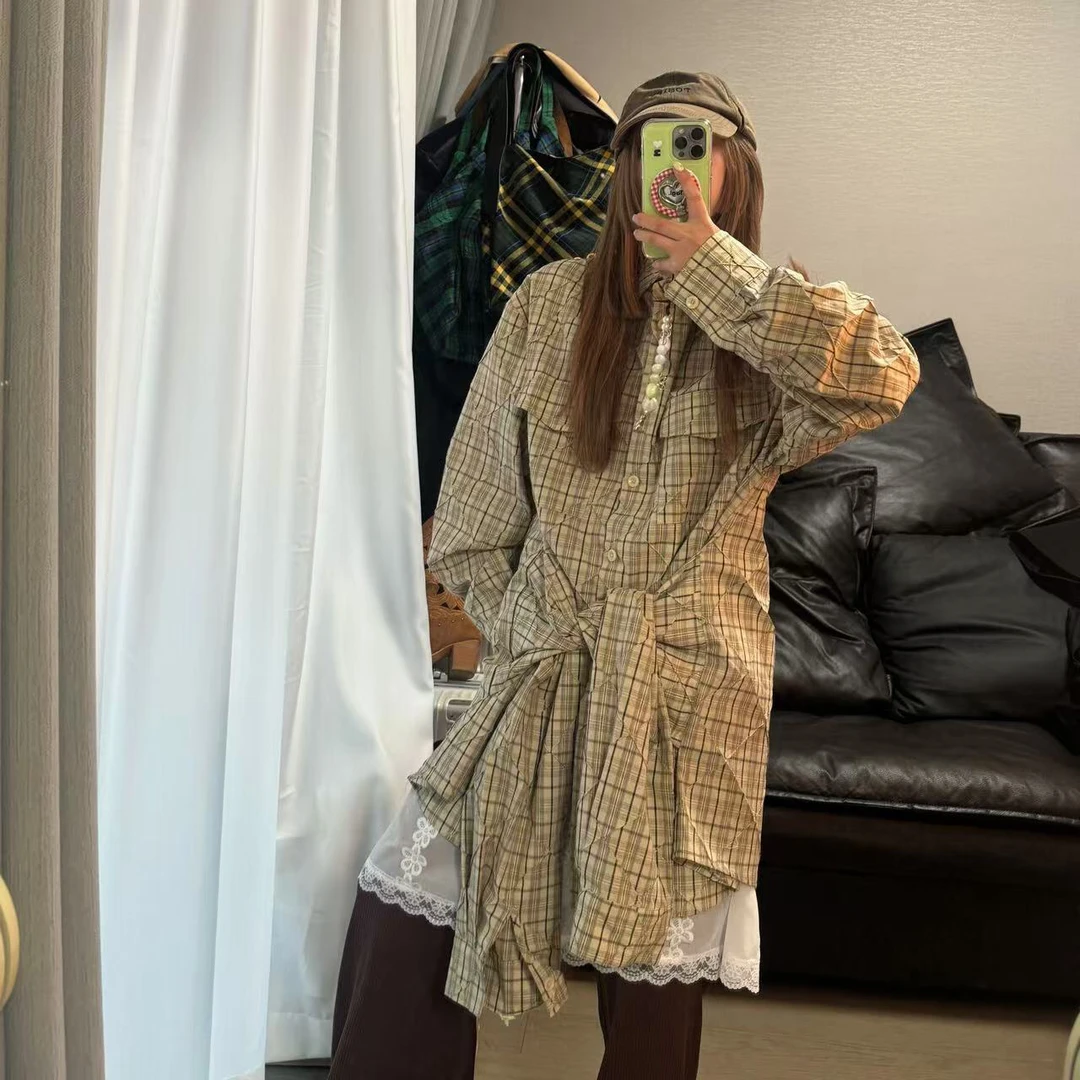 假两件绑带复古格子衬衫