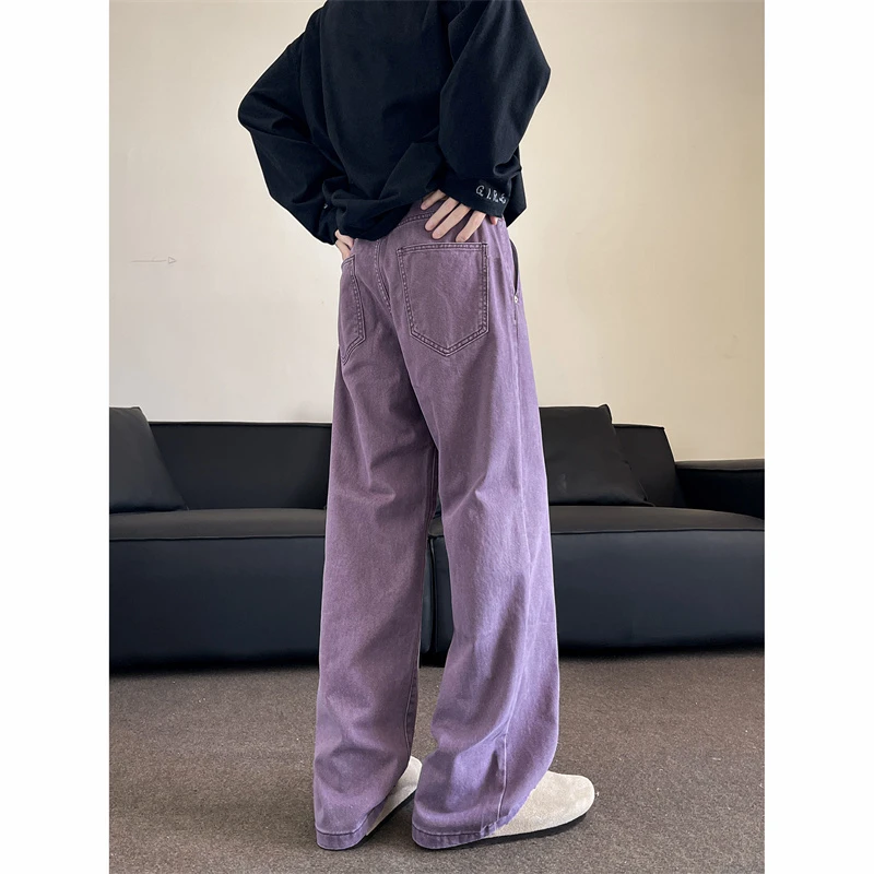 紫色牛仔长裤男款春秋季复古水洗牛仔裤男款宽松阔腿大码男休闲裤
