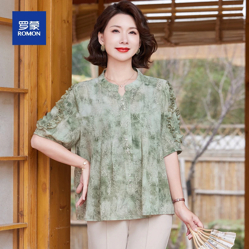 罗蒙2025新款妈妈装夏季碎花雪纺衫上衣短袖小衫中年女士气质套装