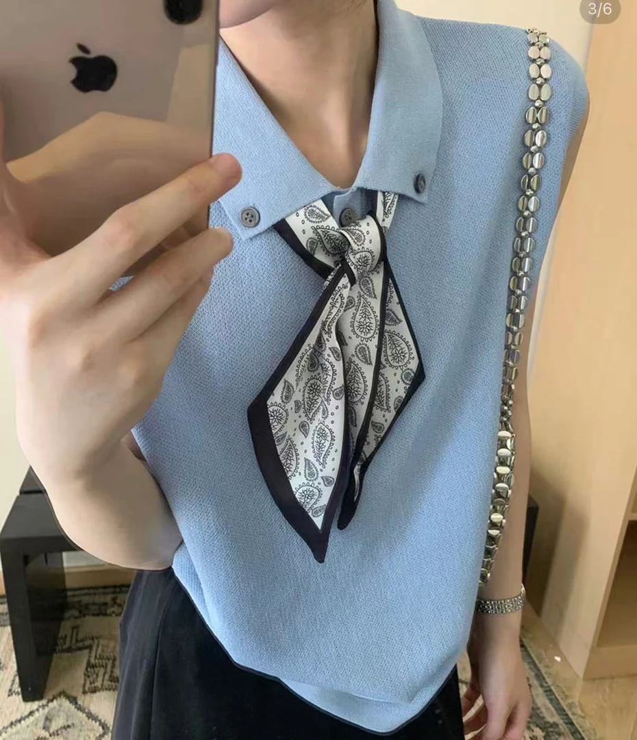 2025夏季休闲风丝巾POLO翻领纽扣无袖高级感修身小个子针织衫薄款