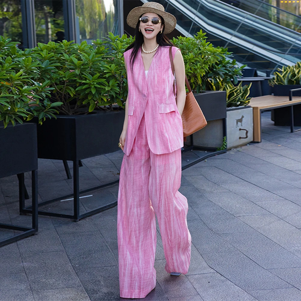 粉色气质西装马甲阔腿裤两件套女士2025夏季新款时尚洋气显瘦套装