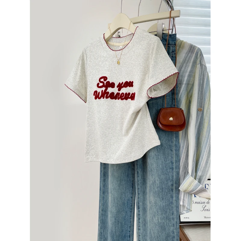 2025夏季新款撞色花边圆领刺绣植绒字母正肩短袖宽松慵懒风女装潮