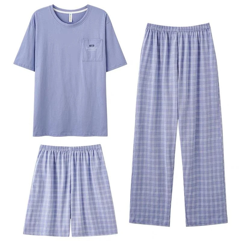 男士全棉睡衣夏季薄款2025新款短袖短裤送长裤纯棉家居服三件套装