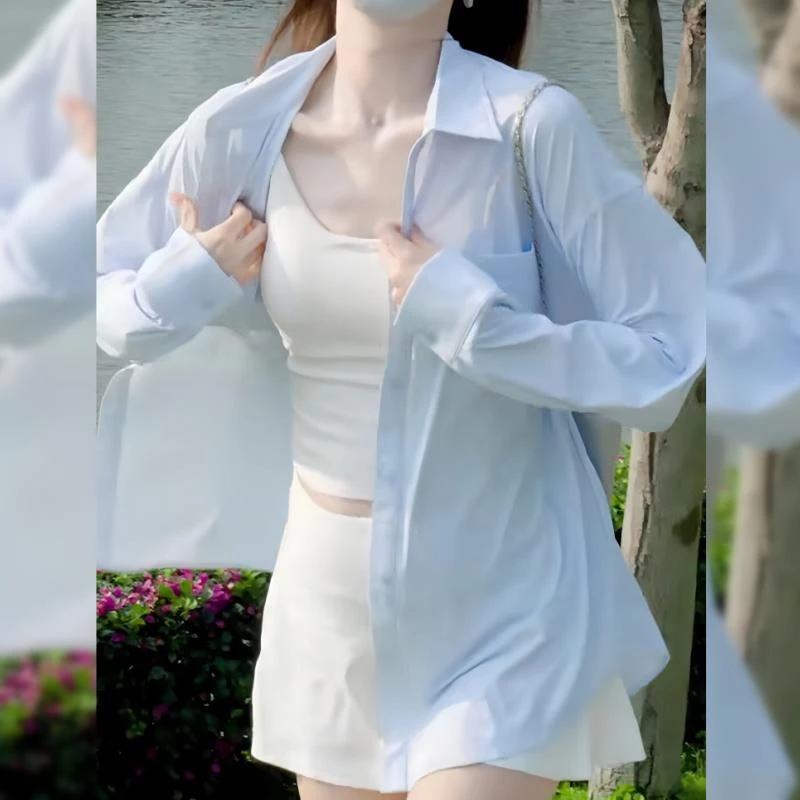 蓝色冰丝防晒衣衬衫女轻薄外套衬衣夏季2025新款吊带外搭凉感上衣