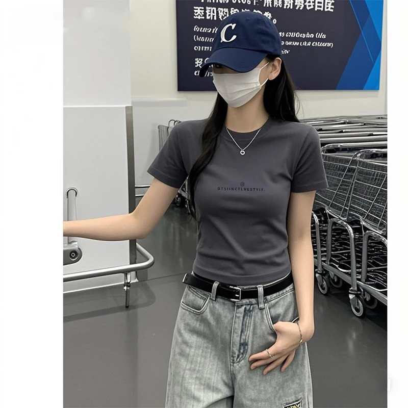 2025夏百搭经典基础款圆领灰色短袖T恤女修身棉质短款上衣ins