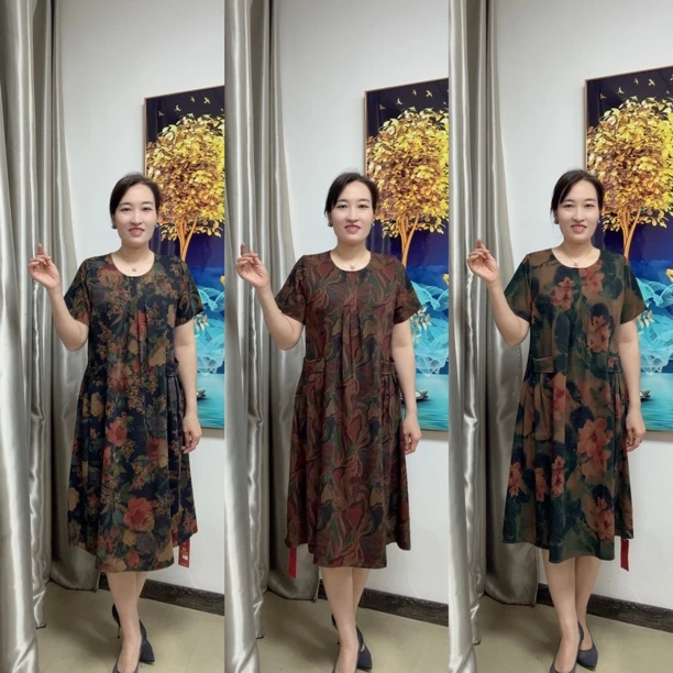 胖妈妈夏季大码连衣裙宽松显瘦有口袋适合中老年人