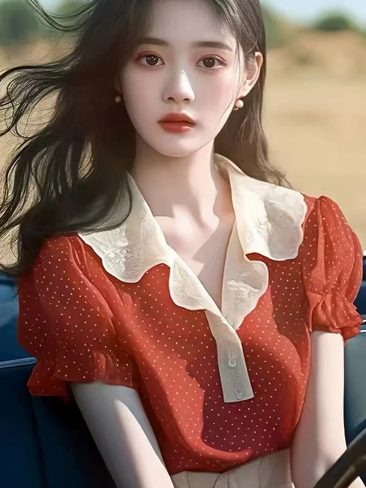 红色波点短袖衬衫女2025新款夏季宽松雪纺衫独特超好看泡泡袖上衣