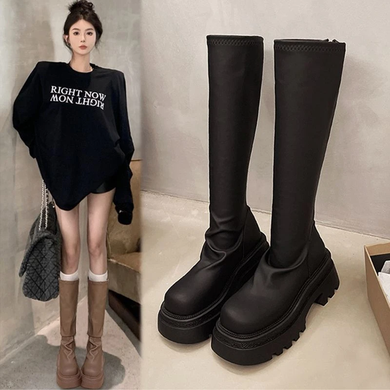 黑色瘦瘦长筒靴女2025秋季新款厚底不过膝高筒骑士靴小个子长靴子