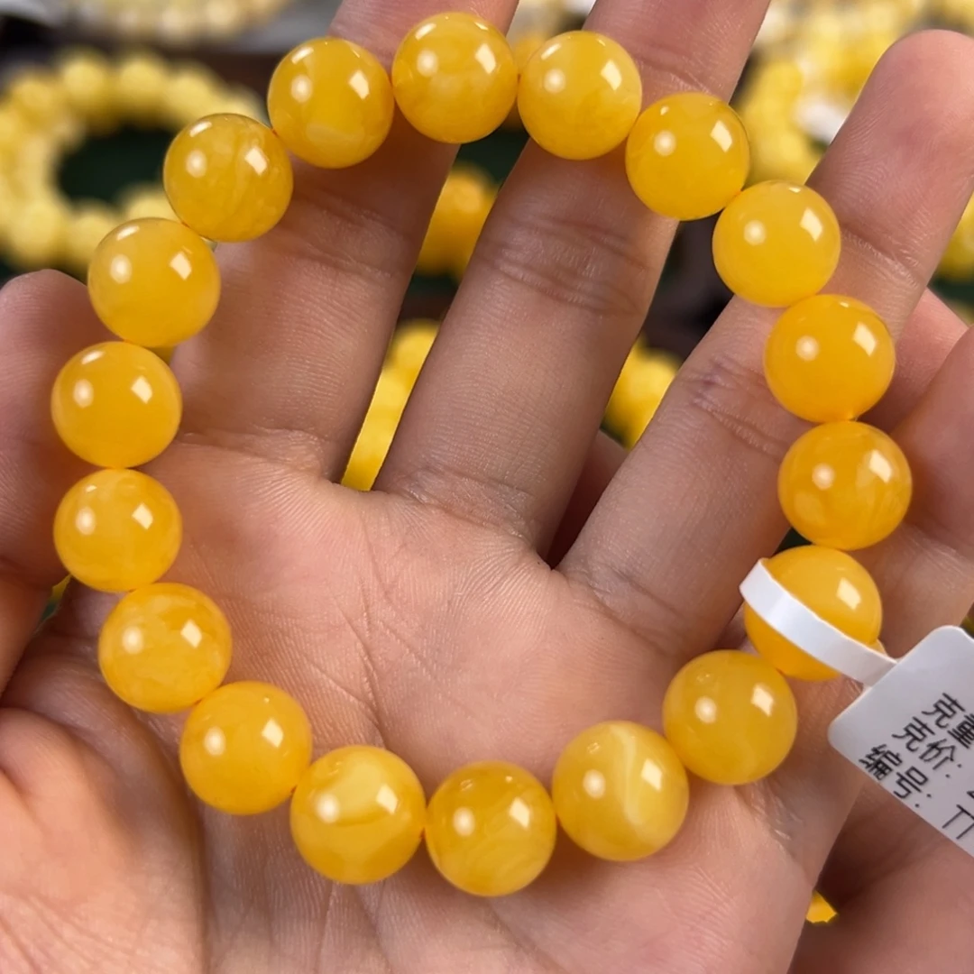 明****琥珀未镶嵌手链14.3g焦皮同料圆珠11mm tt