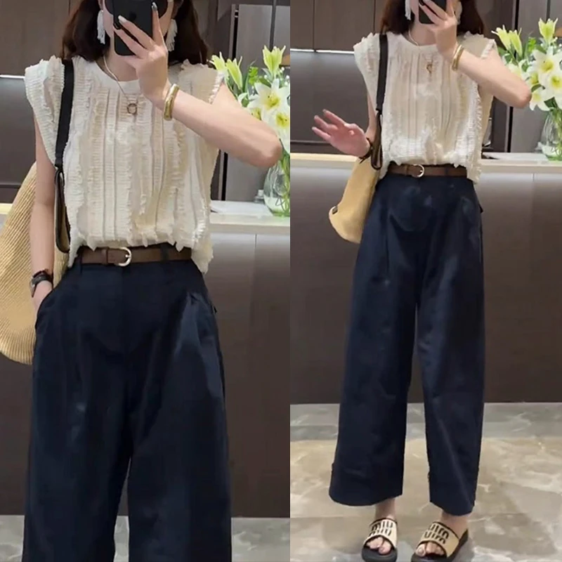 2025夏季新款盐系文艺感短袖上衣高腰显瘦宽松休闲裤两件套套装女