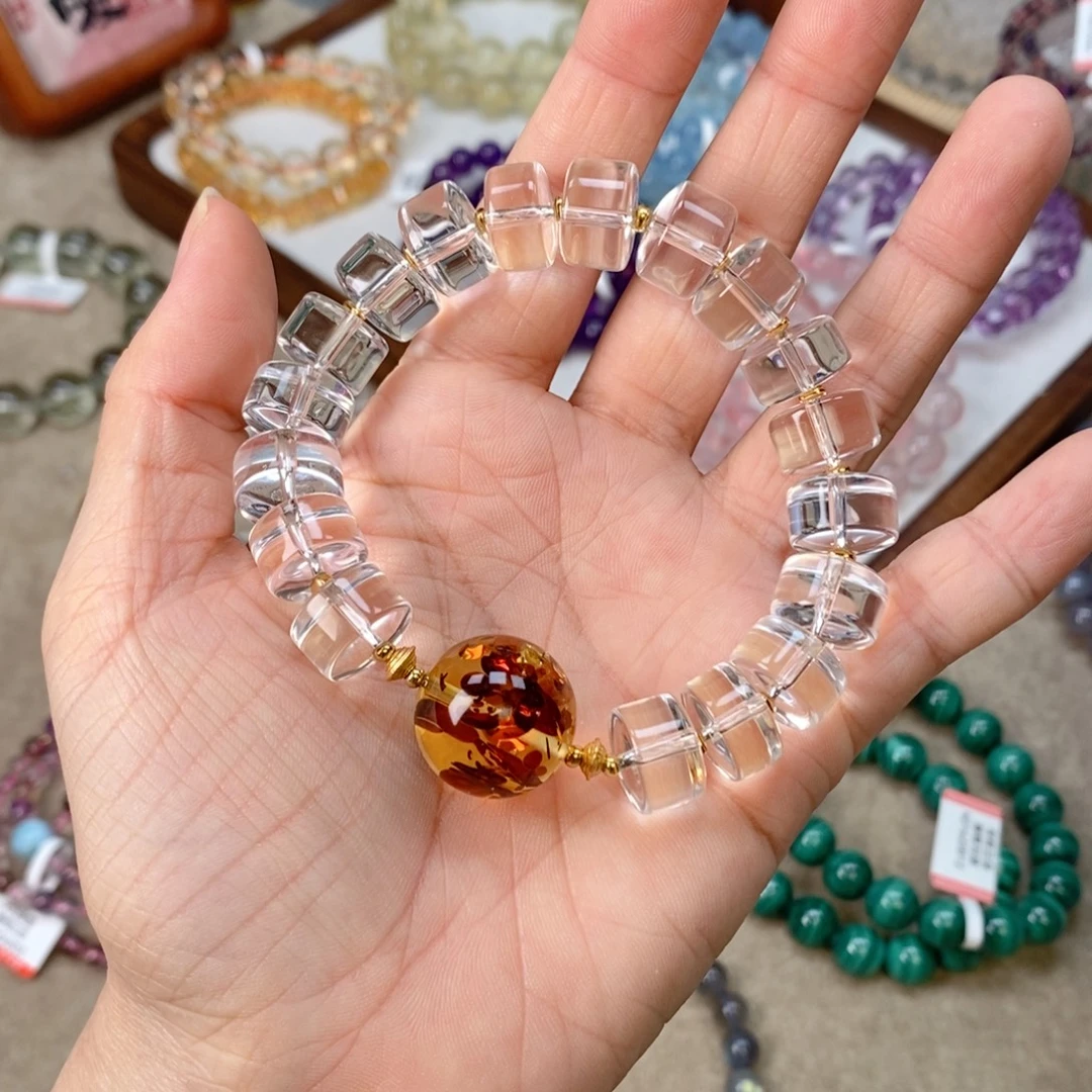 银S925镶嵌水晶手链白水晶车轮珠12➕花珀18mm