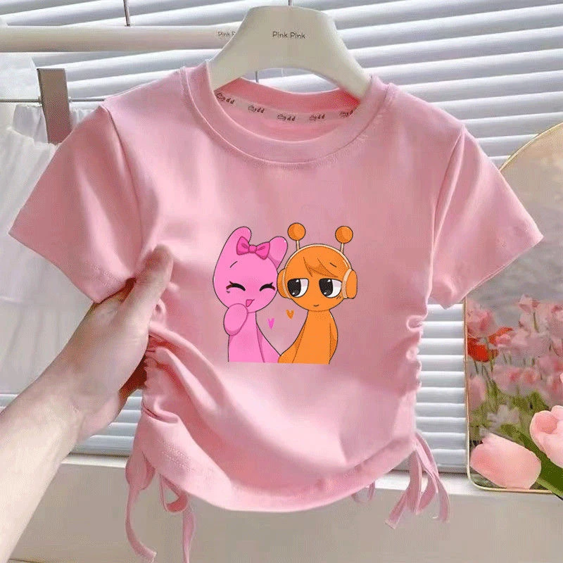 女童纯棉抽绳T恤短袖夏季新款儿童卡通洋气甜美宝宝半袖设计上衣t