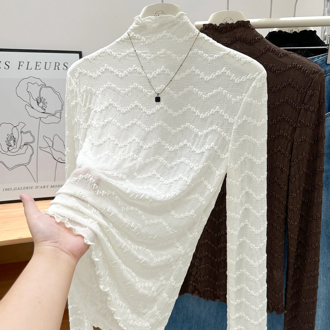 名媛高档杏色波浪纹蕾丝衫2025秋季新款内搭叠穿小高领打底上衣