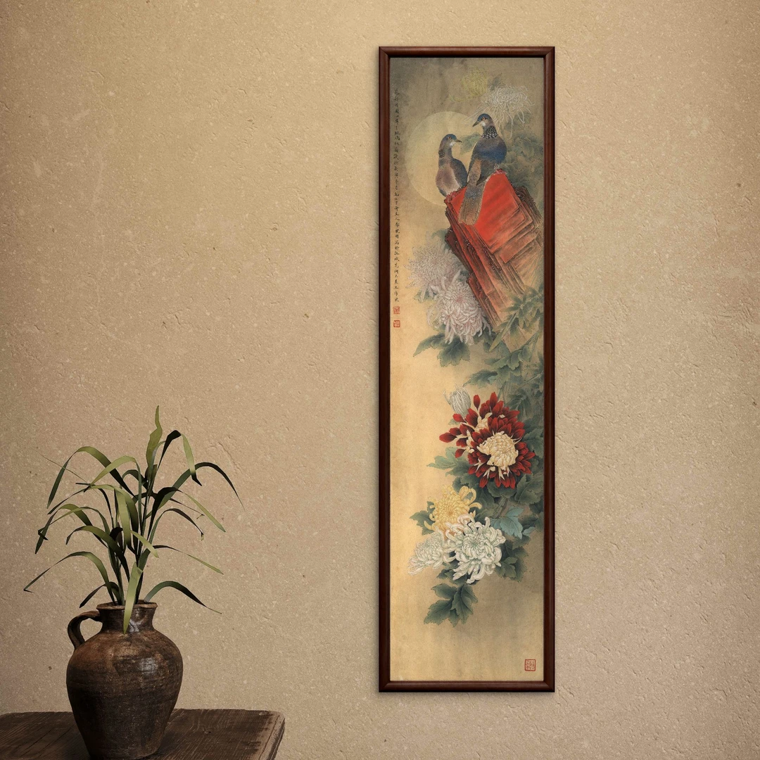 9085-40*150梅兰竹菊菊中式装饰画木框玄关书房茶室客厅挂画