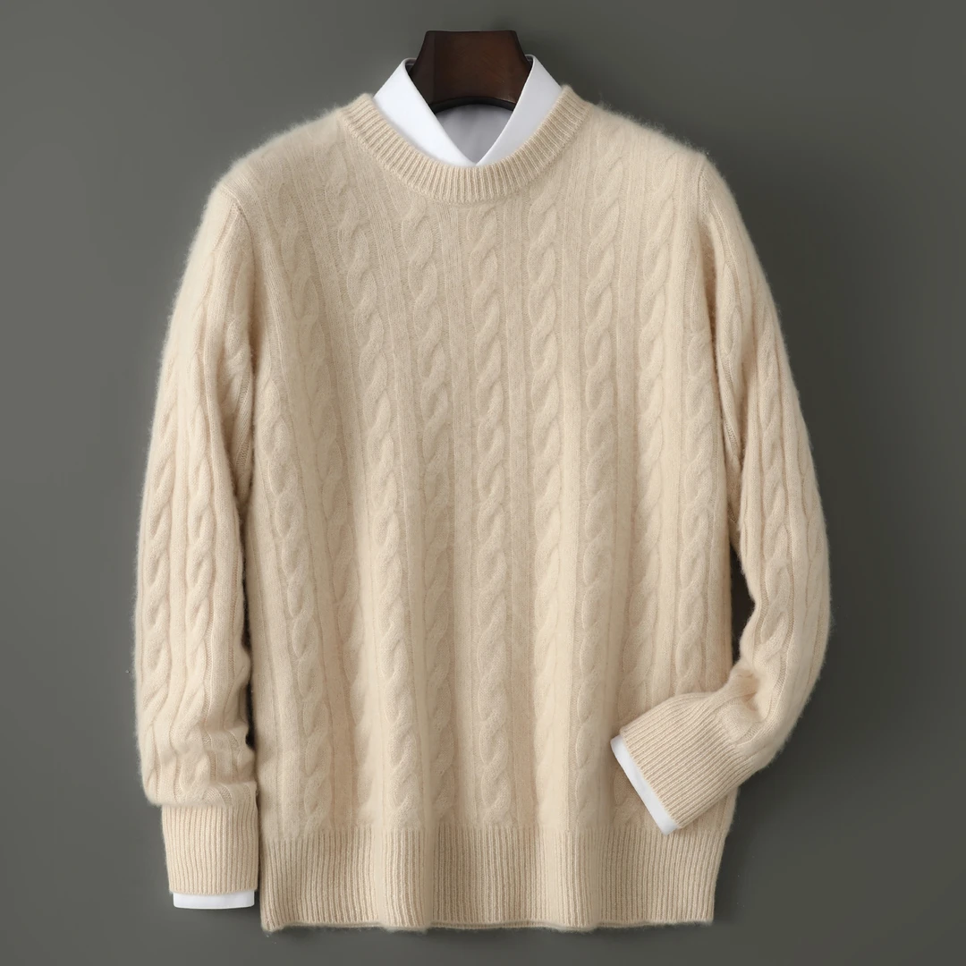 秋冬款纯色圆领麻花男士羊毛衫时尚百搭休闲保暖套头针织衫