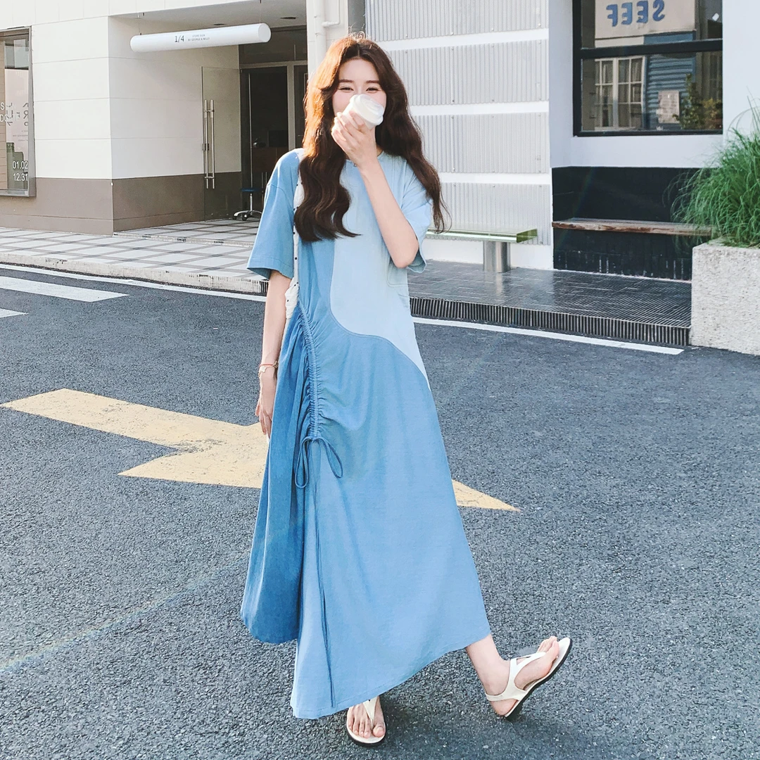 蓝色拼接独特超好看绝美连衣裙女高级感抽褶掐腰中长款2025夏季新