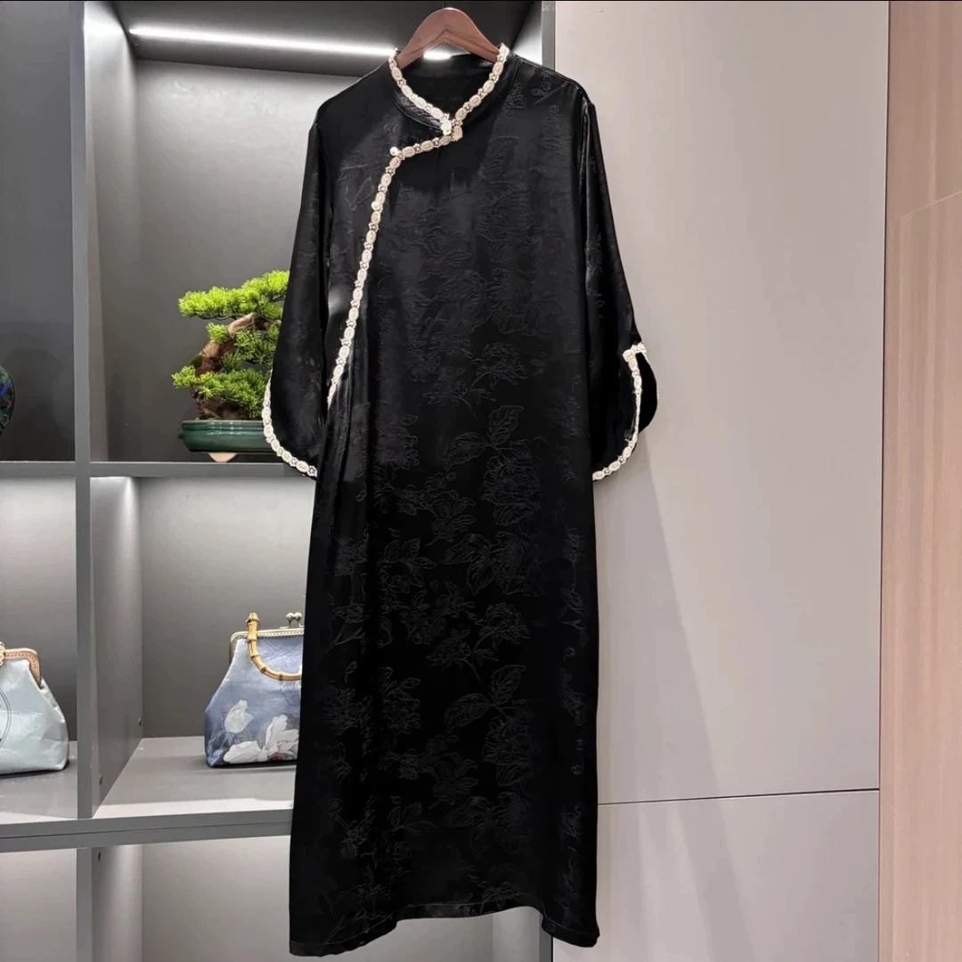 3308《珠玉》斜襟旗袍领夏季圆领中长款复古提花设计师重磅连衣裙