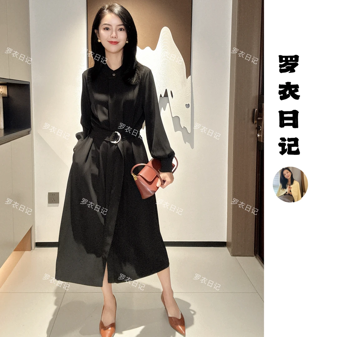 【罗衣日记专属】法式轻奢赫本风知性小立领褶裥系带收腰显瘦裙子