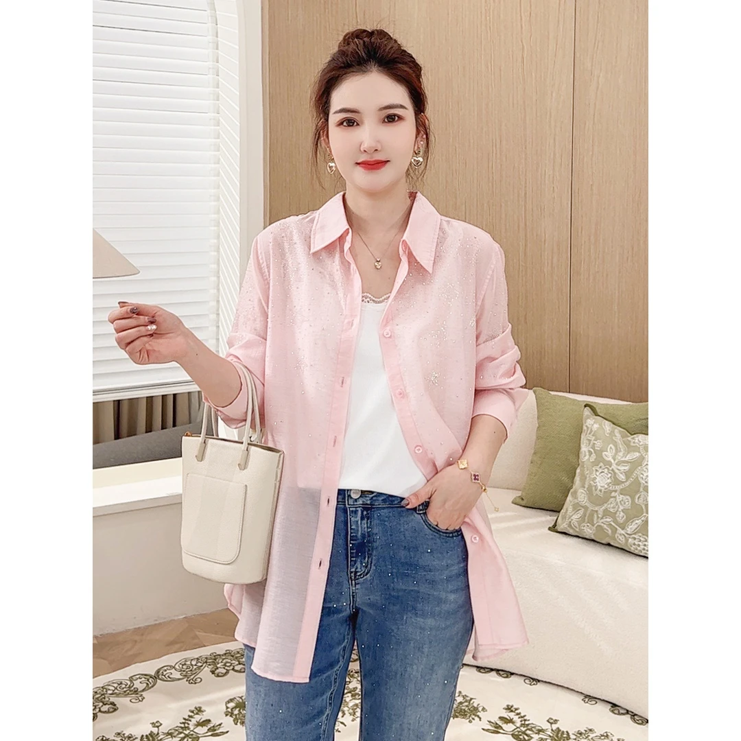 【轻奢烫钻防晒衬衣】MsShe大码女装新款夏翻领衬衫外套S~E2503013