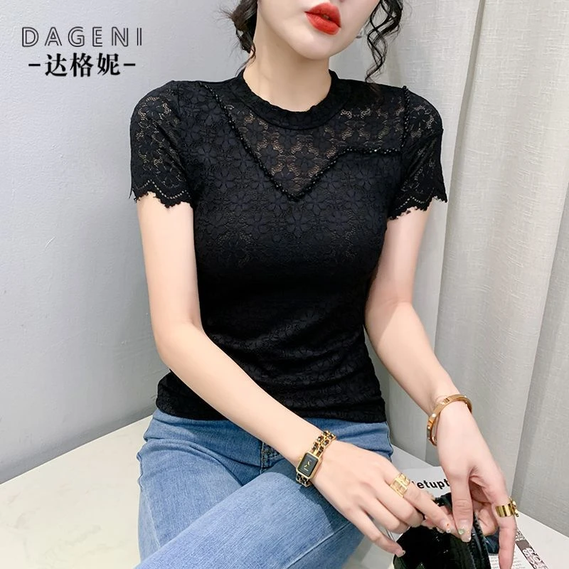 2025夏季新款蕾丝短袖t恤女设计感洋气钉珠百搭上衣性感打底小衫