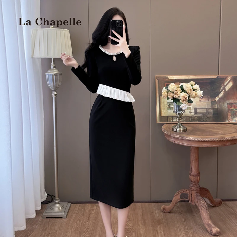 拉夏贝尔秋冬设计感时尚钉珠重工拼接显瘦荷叶边气质显瘦连衣裙女