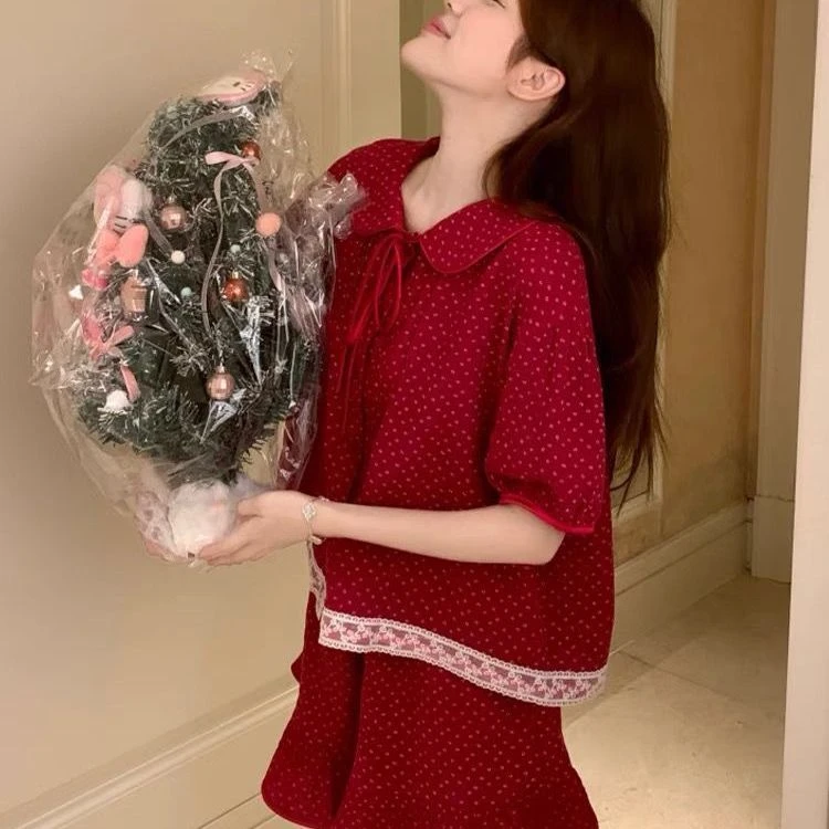 睡衣夏季2025新款宫廷风红色爆款短袖长裤碎花娃娃领云朵棉家居服