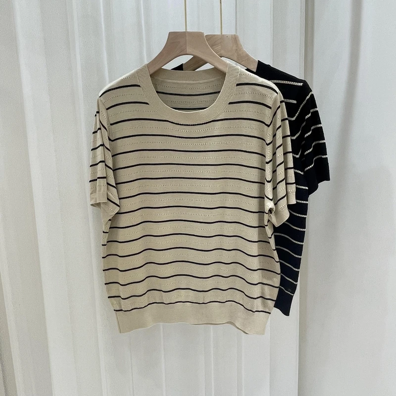 Z802条纹桑蚕丝上衣女秋冬新款气质修身显瘦基础款毛衣内搭
