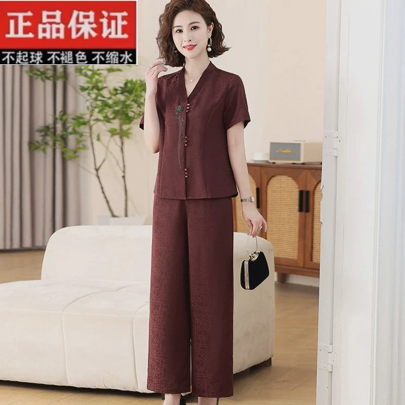 中老年夏季新款中老年女真丝两件套妈妈桑蚕丝套装阔太太上衣裤子