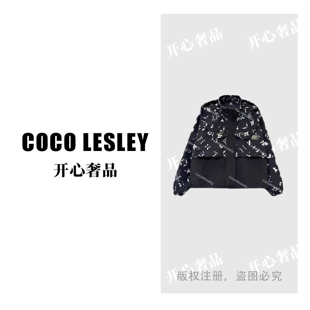 【开心奢品】黑色四叶草拼接连帽宽松外套风衣冲锋衣