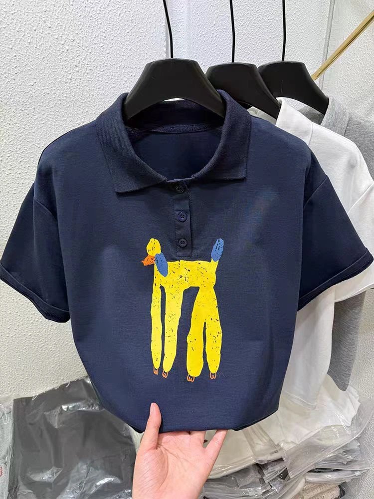 Polo衫长腿小狗宽松短袖t恤女大码设计感夏季新款显瘦气质上衣