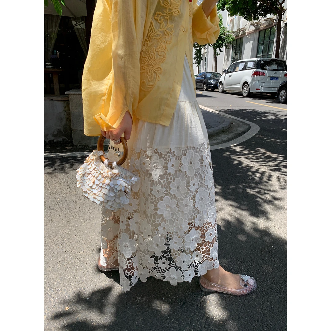 落落狷介 半身裙女2025新款白色蕾丝半裙小个子松紧腰设计感裙子