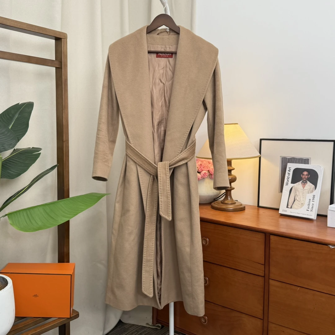 99新 MaxMara 青奢荟/38码/秋冬气质翻领长款羊毛驼色大衣//90152