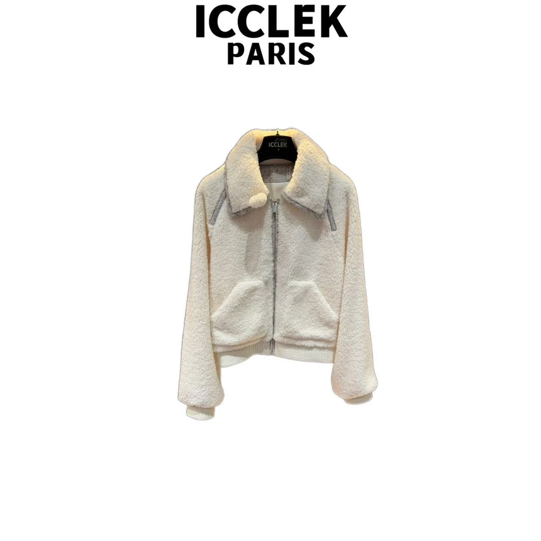 ICCLEK 秋冬设计师新白色翻领拉链长袖轻奢名媛外套上衣 - 9318