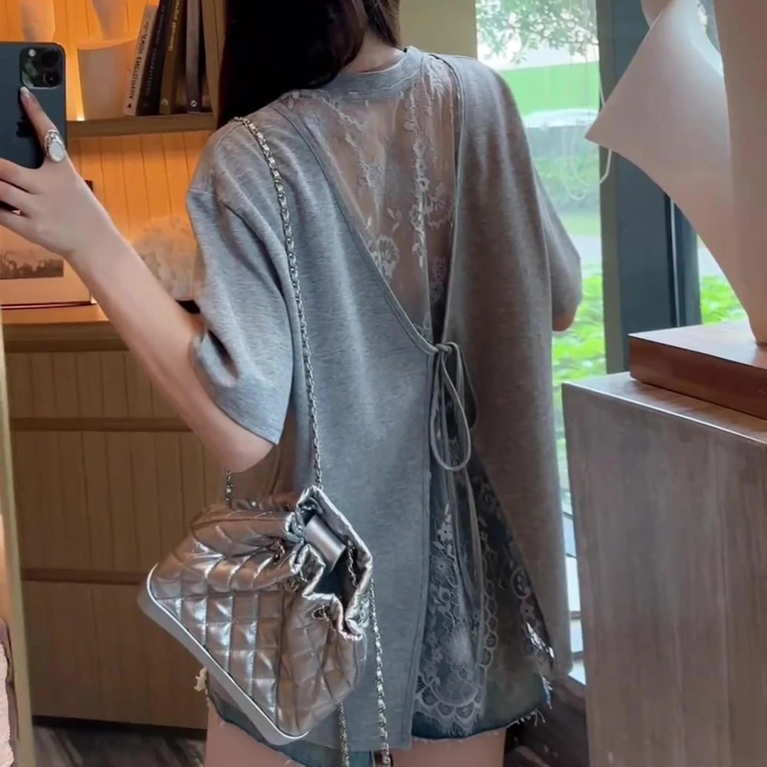 VOCKOO官方独特别致露背绑带蕾丝拼接设计感灰色短袖T恤女高级感