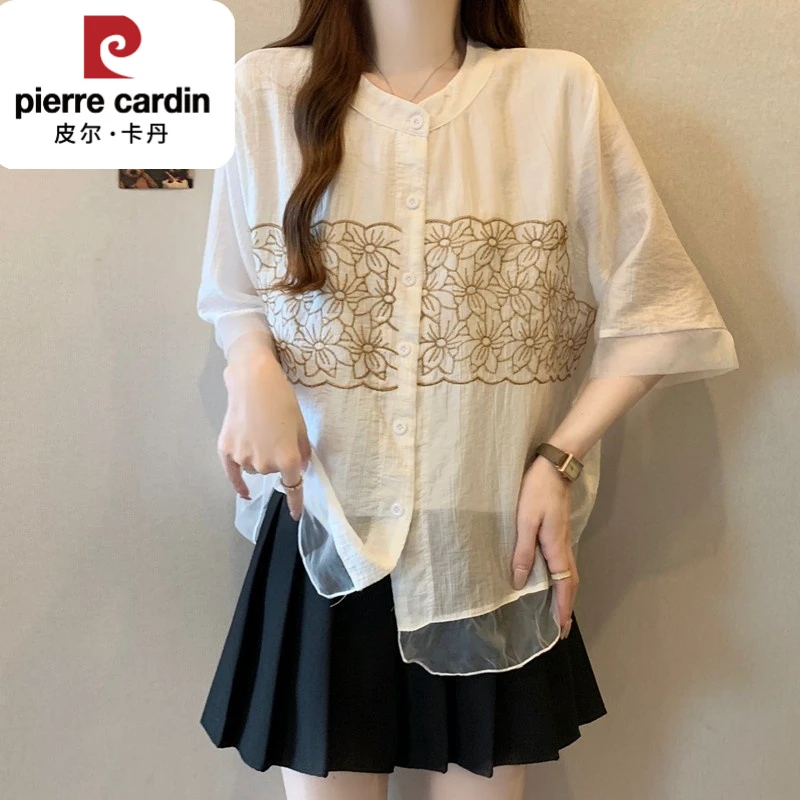 皮尔卡丹新中式轻国风刺绣提花雪纺短袖衬衫女夏季大码胖mm假两件
