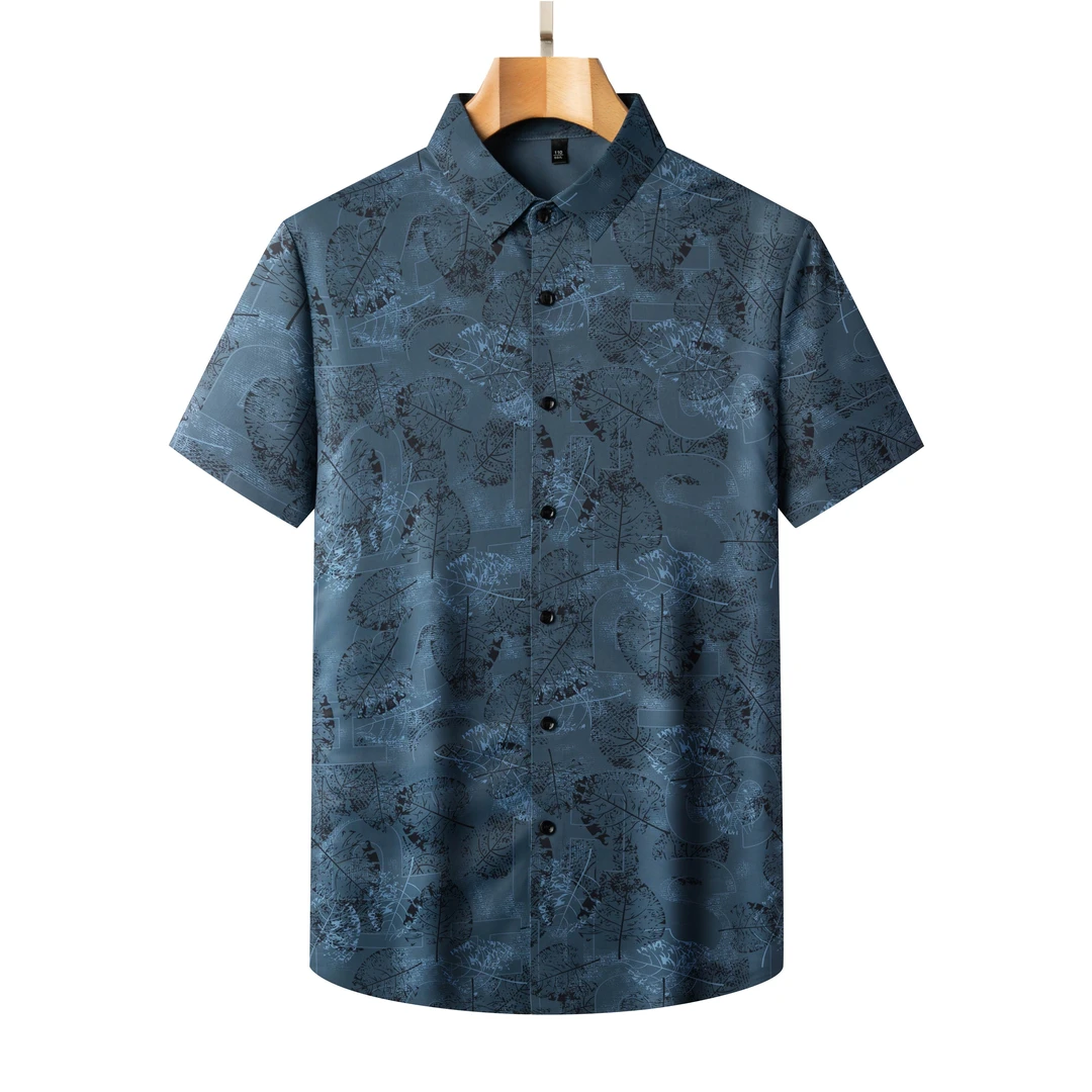 【桑蚕丝】夏季男士新款【树叶花】衬衫短袖商务潮流高端时尚