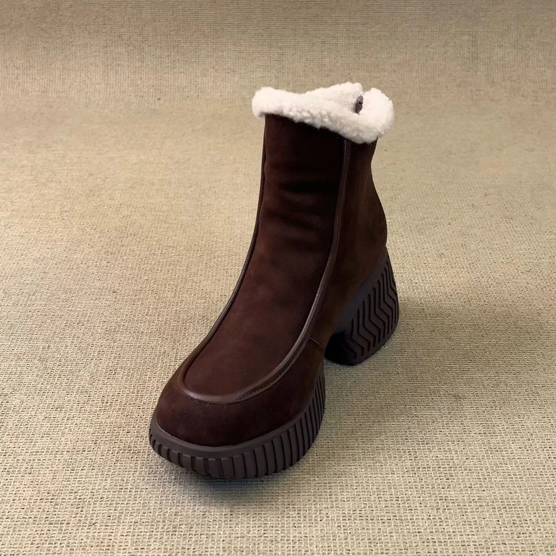 RubyL/7.5cm小个子复古极简风磨砂后拉链圆头厚底加绒短靴女款