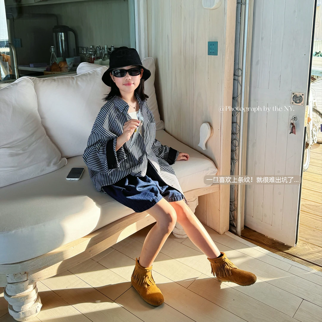 【男友风】女童条纹衬衫外套2025春秋中大童宽松衬衣长袖上衣Y6283